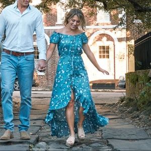 Blue Off the Shoulder Floral Dress